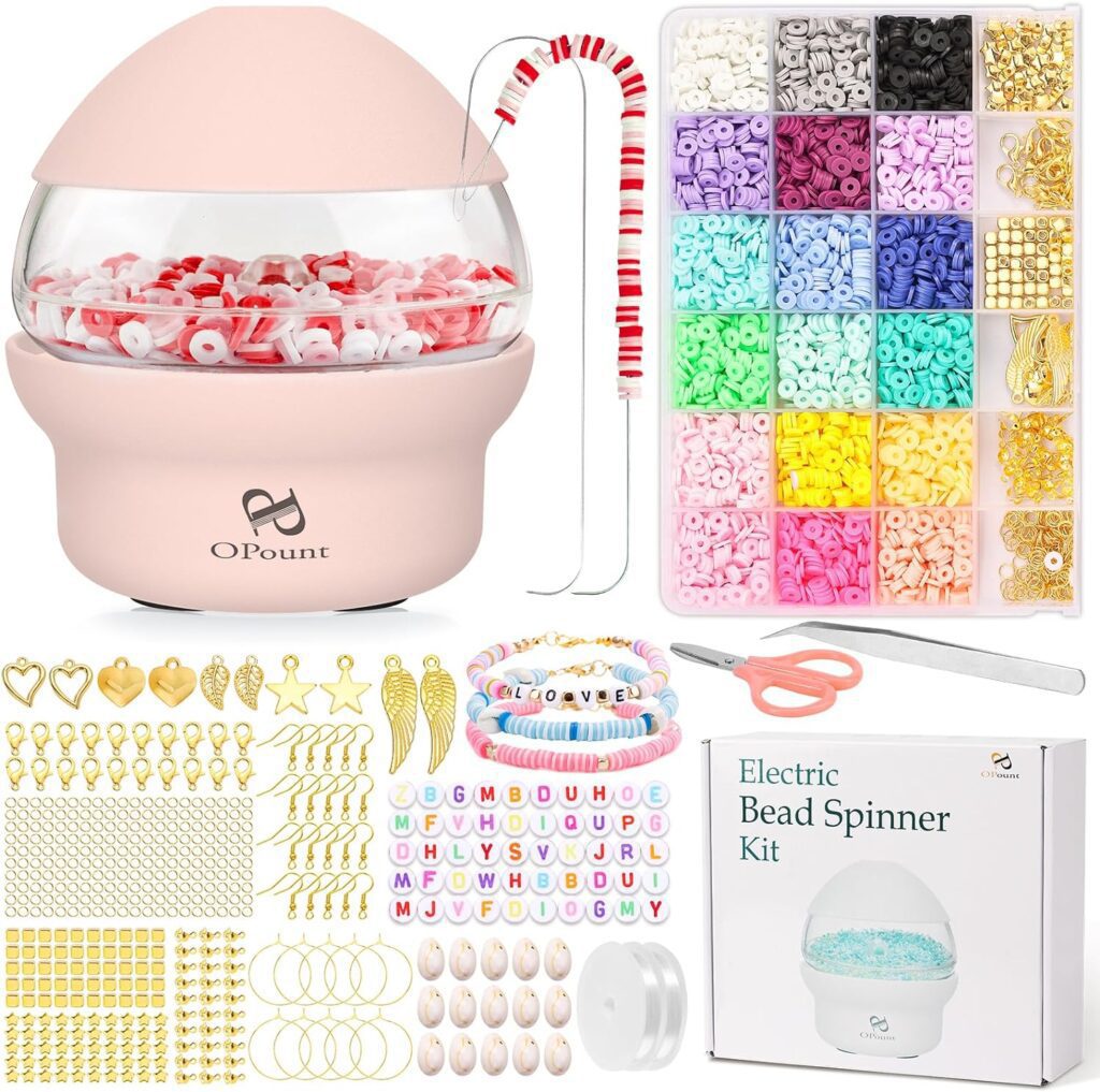 PP OPOUNT Pink Electric Bead Spinner with 3960 PCS Clay Beads, Bead Spinner for Clay Beads, Fast Beading Clay Bead Spinner for DIY Jewelry Making, Bracelets, Necklaces (Patent)