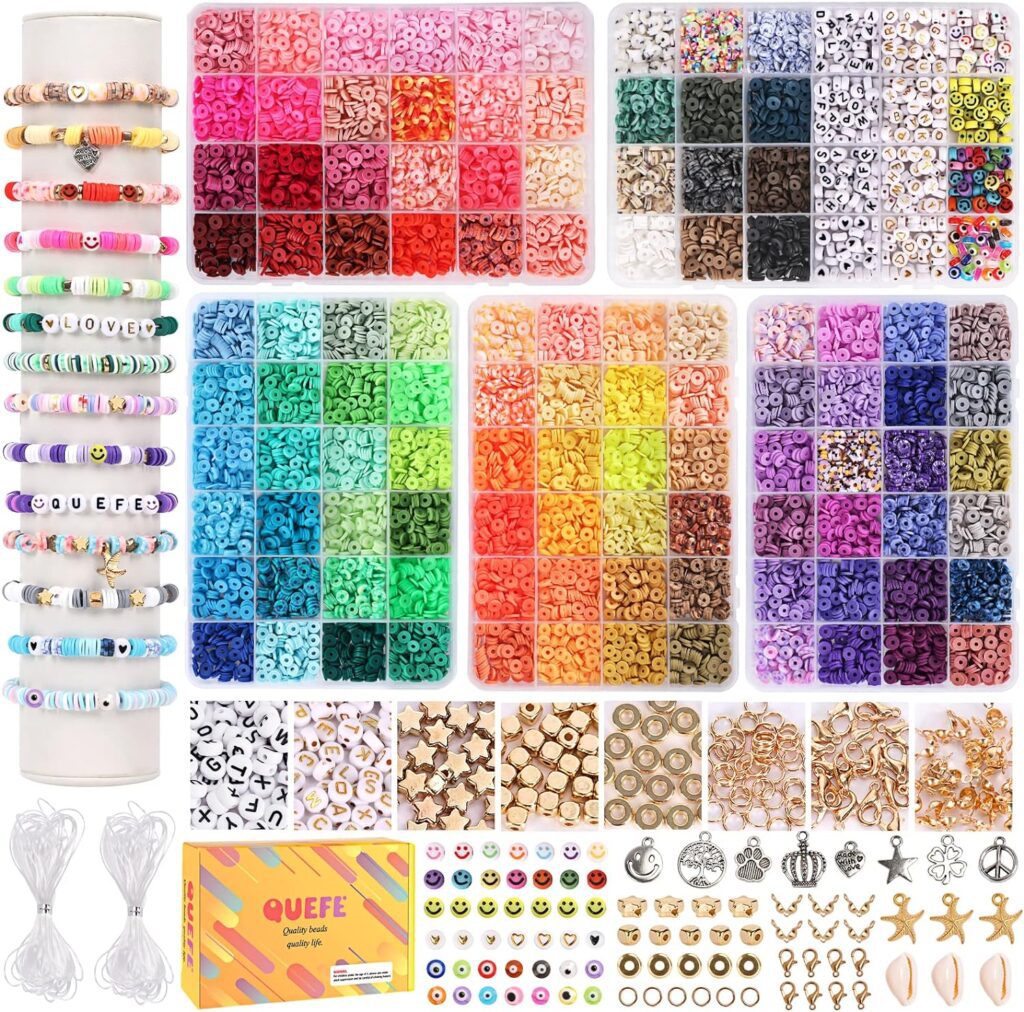 QUEFE 10800pcs Clay Beads for Friendship Bracelet Making Kit, 108 Colors Polymer Heishi Beads for Girls 8-12, Letter Beads for Jewelry Making Kit, for Preppy, Gifts, Crafts