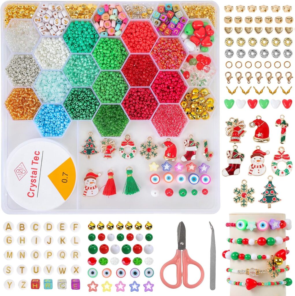 QUEFE 3mm 5900pcs+ Christmas Glass Seed Beads for Jewelry Making, 18 Colors Small Glass Beads for Bracelets, Friendship Bracelet Kit with Alphabet Letter Beads  Bells for DIY, Art and Craft