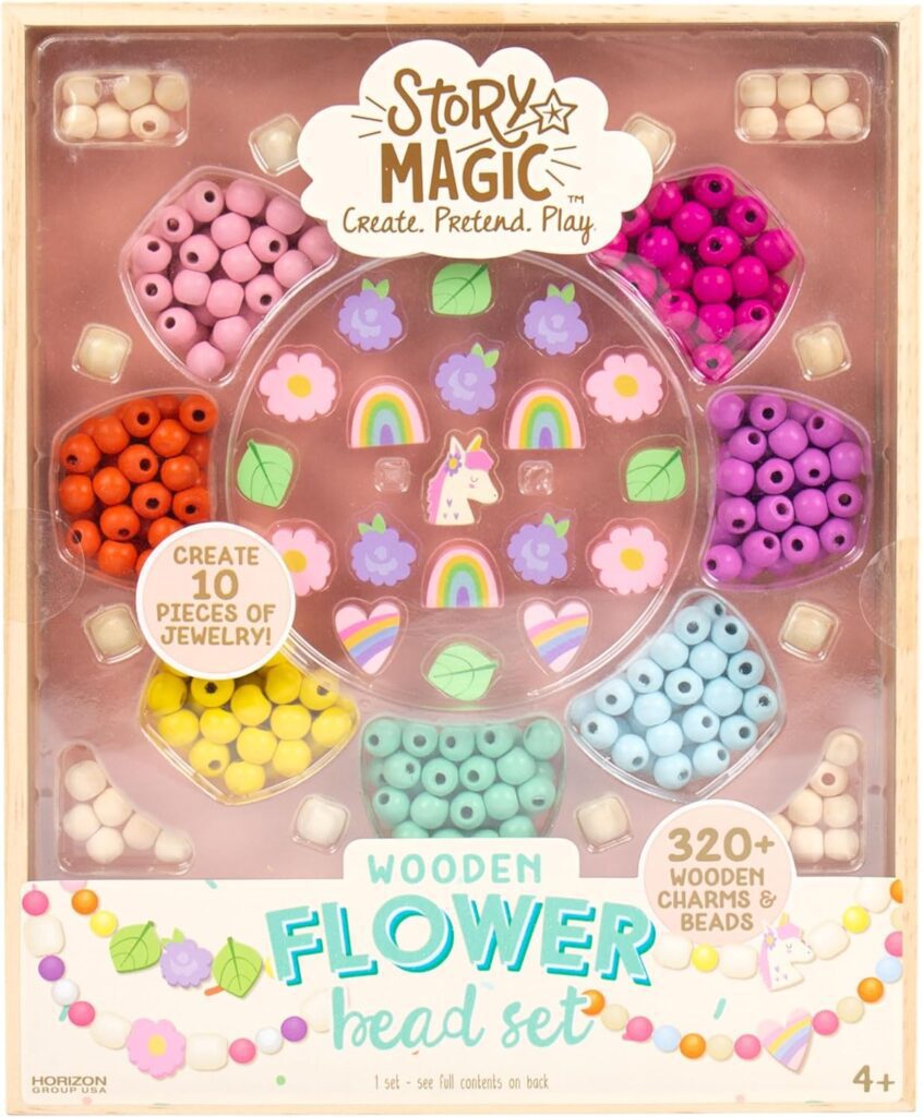 Story Magic Wooden Flower Bead Set, Over 300 Large Hole Wood Beads  Charms for Beading Bracelets, Bracelet Making Kit, Flower Bracelet Kit, Whimsical Bracelet Charms, Storage Tray Included, Ages 4+
