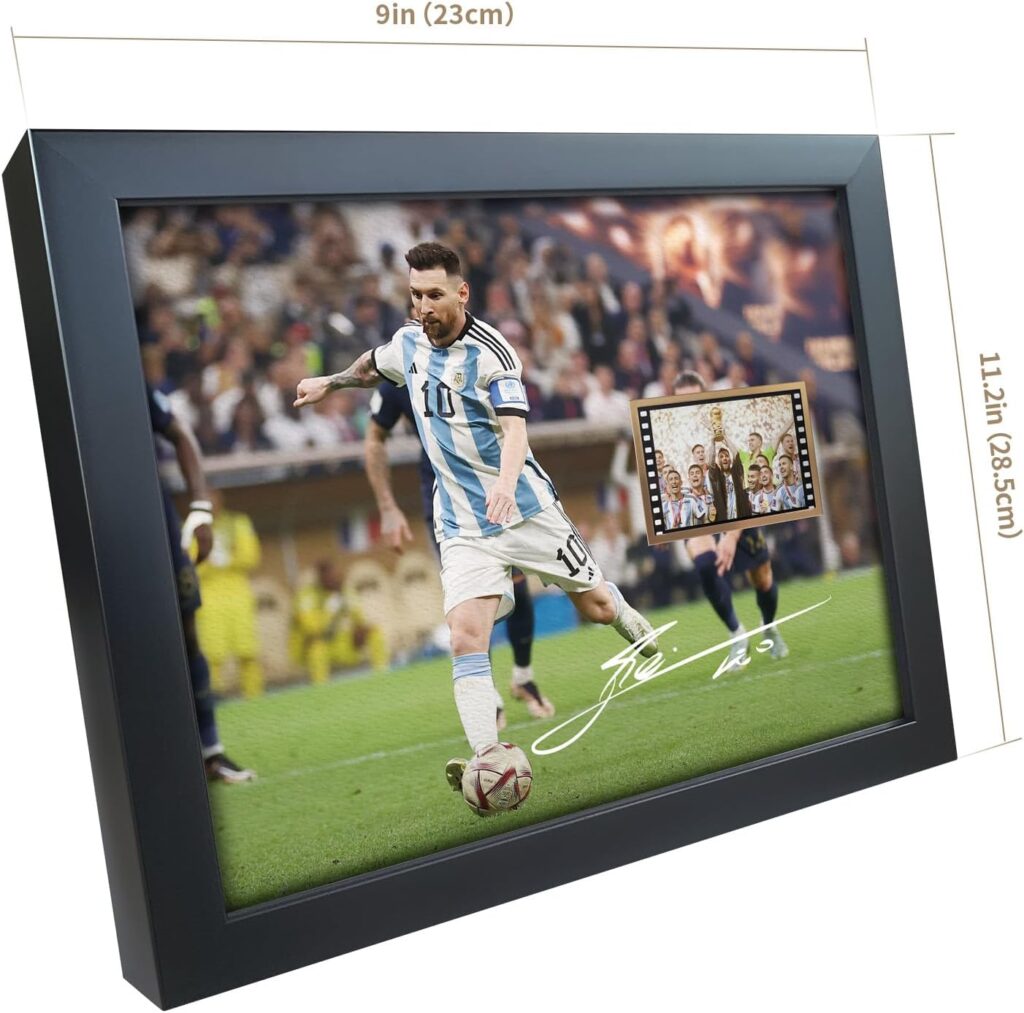 sufenvera Signed Lionel Messi World Cup 2022 Film Photo Collage,Messi Memorabilia Framed Poster, Gifts for Soccer Ball Fans on Birthday Thanksgiving Christmas 10x8 Inches