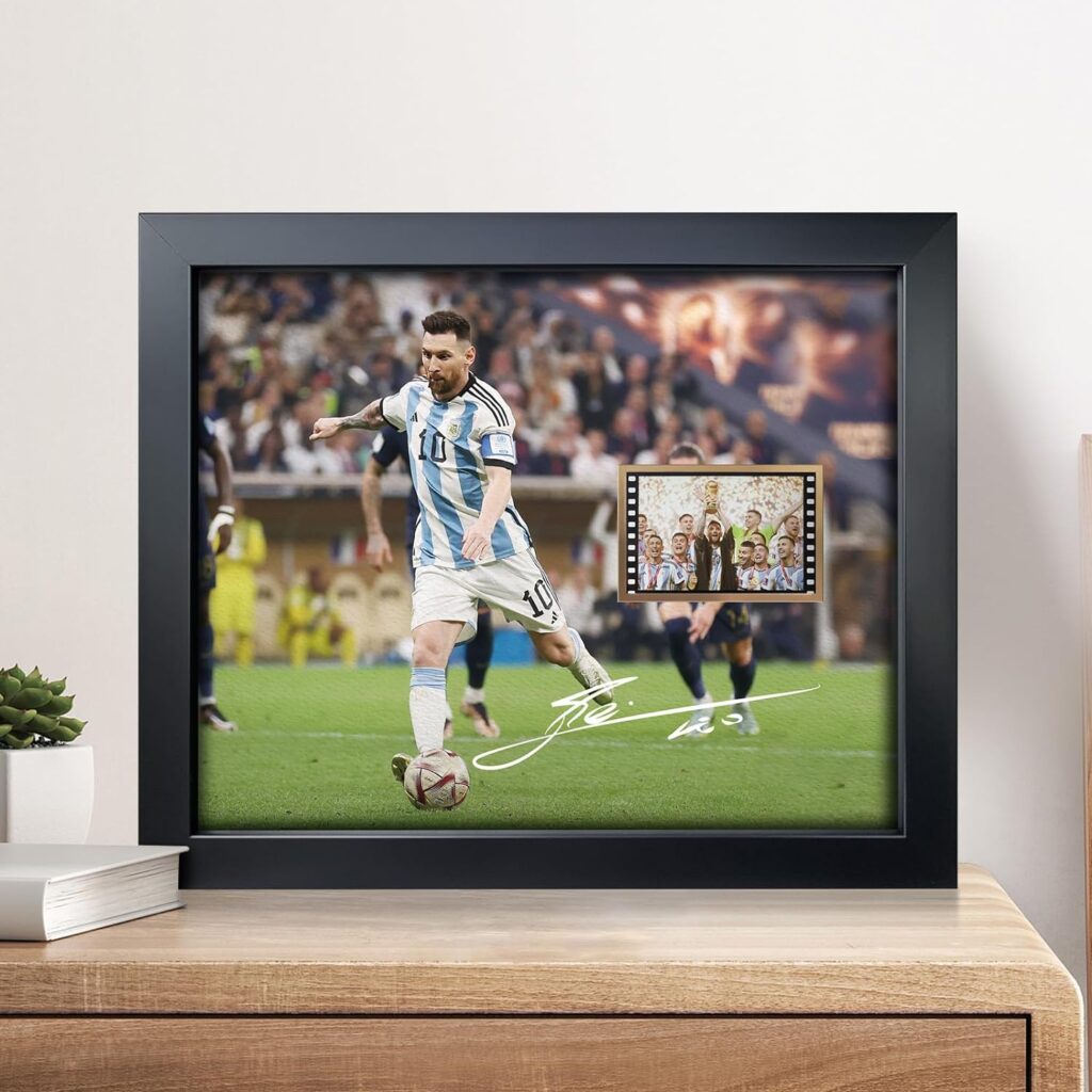 sufenvera Signed Lionel Messi World Cup 2022 Film Photo Collage,Messi Memorabilia Framed Poster, Gifts for Soccer Ball Fans on Birthday Thanksgiving Christmas 10x8 Inches