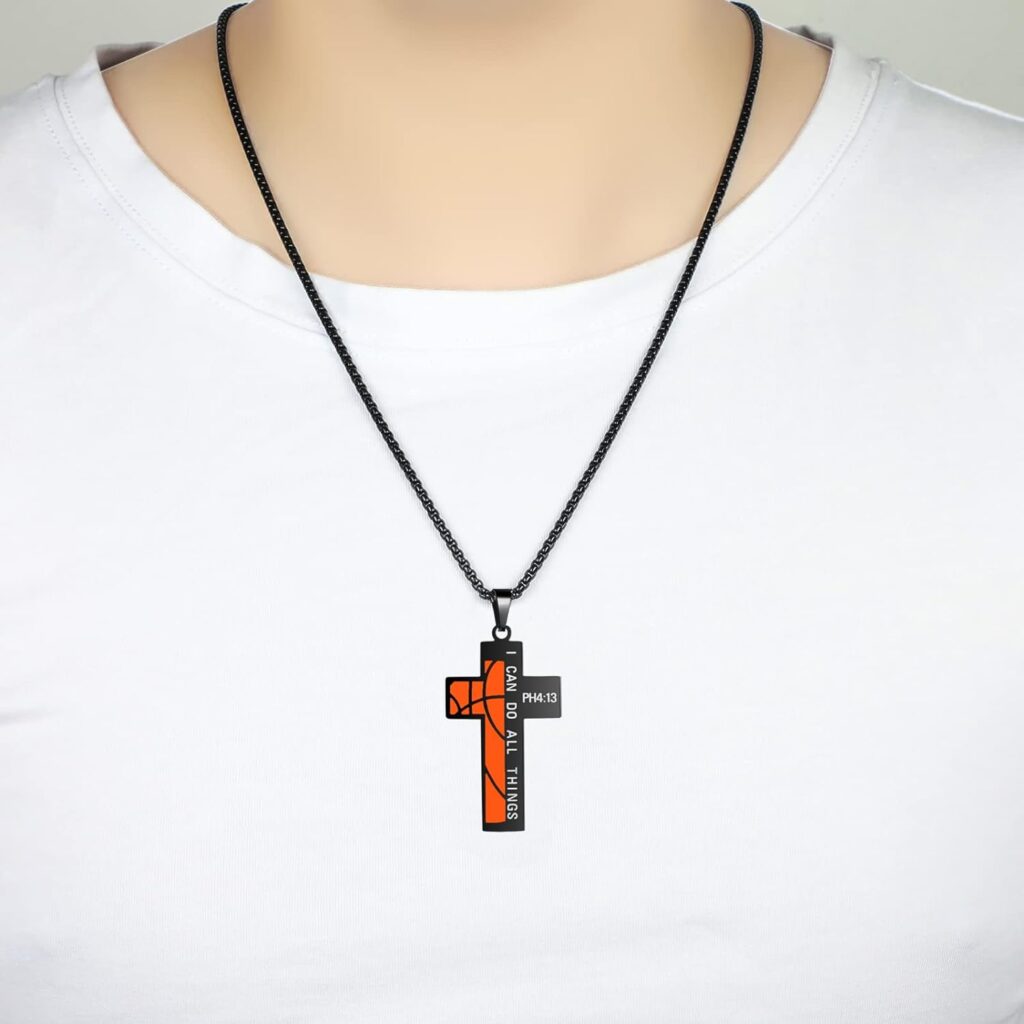 Susook Basketball Cross Necklace for Boys Bible Verse I CAN DO All Things Stainless Steel Sport Pendant for Men