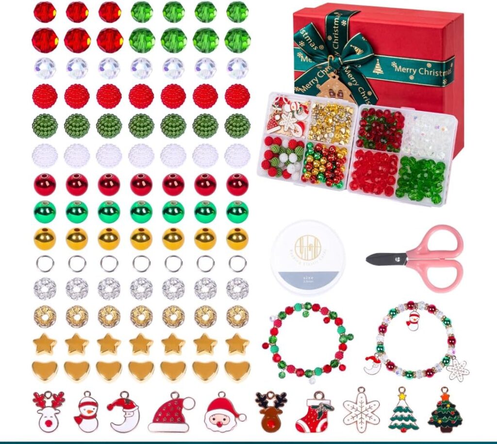 SWEETQIAO Christmas Beads for Jewelry Making Kit Crystal Beads for Bracelets with Santa Claus Snowman Penguin Christmas Trees Assorted Christmas Necklace Bracelet Earring Crafts Material Beading Kit