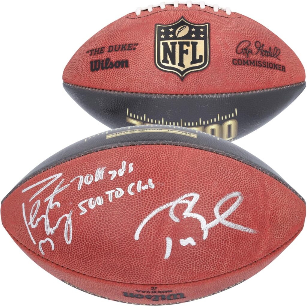 Tom Brady  Peyton Manning Autographed Duke Full Color Football with 70k Yards and 500 TDs Inscriptions - Autographed Footballs