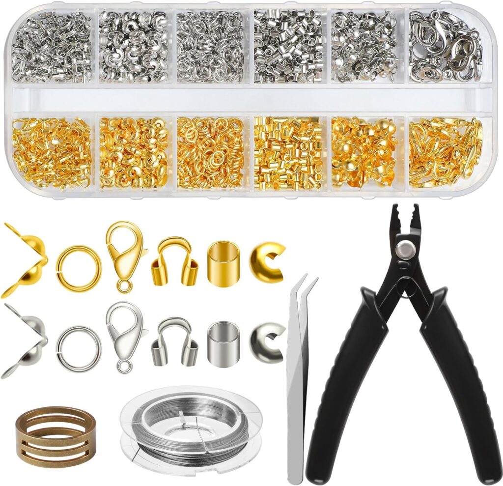WSICSE 1644 Pcs Crimp Beads for Jewelry Making, Crimp Covers, Crimp Tubes and Wire Guardians, Lobster Clasps, Jump Rings Kit for DIY Jewelry Making