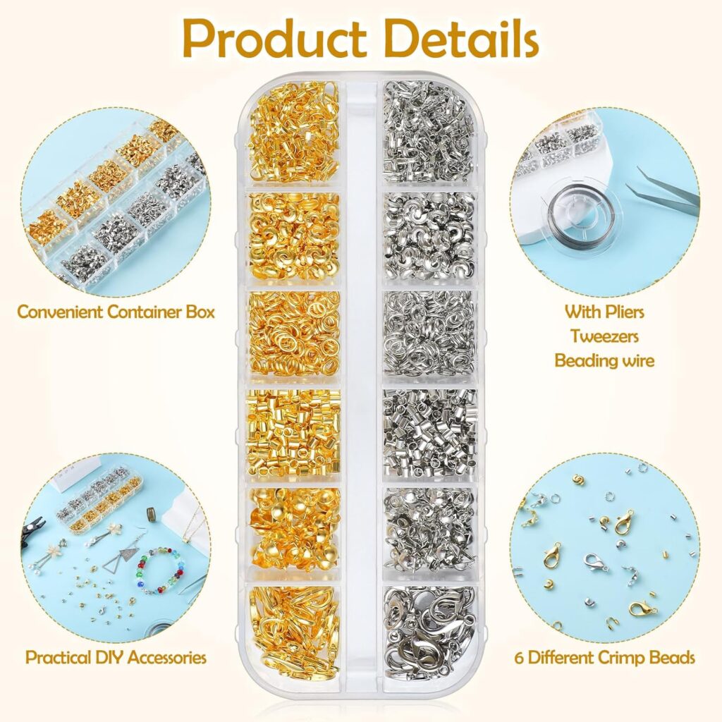 WSICSE 1644 Pcs Crimp Beads for Jewelry Making, Crimp Covers, Crimp Tubes and Wire Guardians, Lobster Clasps, Jump Rings Kit for DIY Jewelry Making