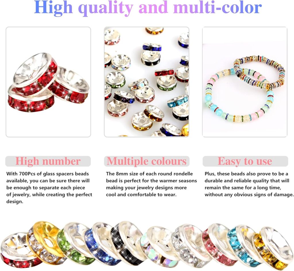 700Pcs Spacer Beads, Crystal Beads, Rhinestone Beads,Charms Beads for Jewelry Making, Bracelet Pendants,10 Colors (8mm-10colors)