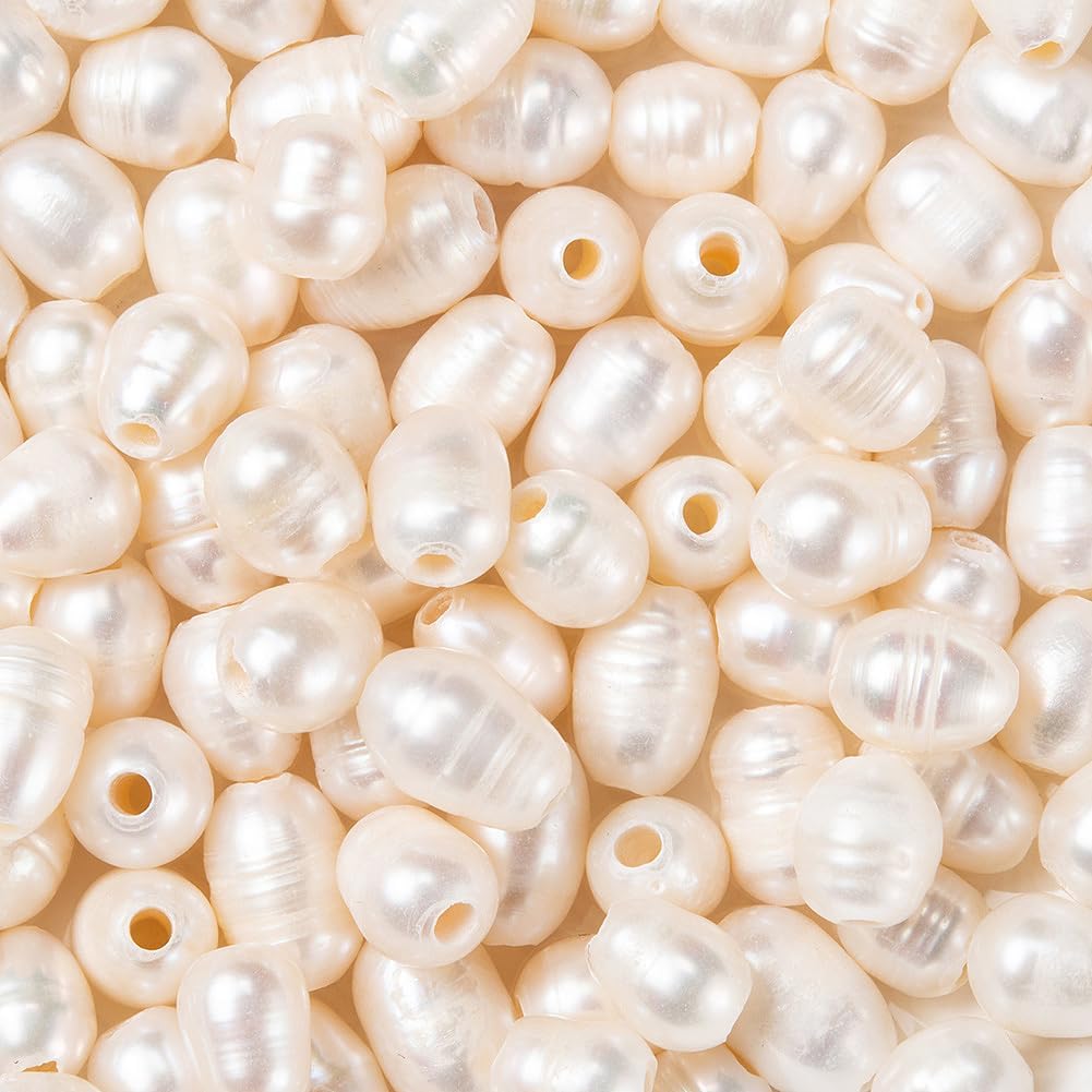 Beadthoven 100pcs 7-10mm Natural Oval Freshwater Pearl Beads 1.8mm Big Large Hole Rice Shape Pearls for Jewelry Making Leather Cord White