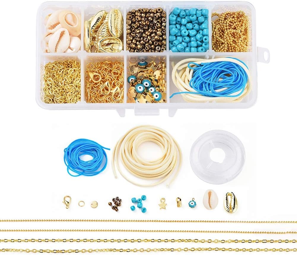 Beadthoven Bohemian Ocean Theme DIY Jewelry Kit with Cowrie Shell Turquoise Glass Seed Beads Golden Chains Beading Cord Star Evil Eye Charms for DIY Boho Summer Surfer Bracelets Anklets Making