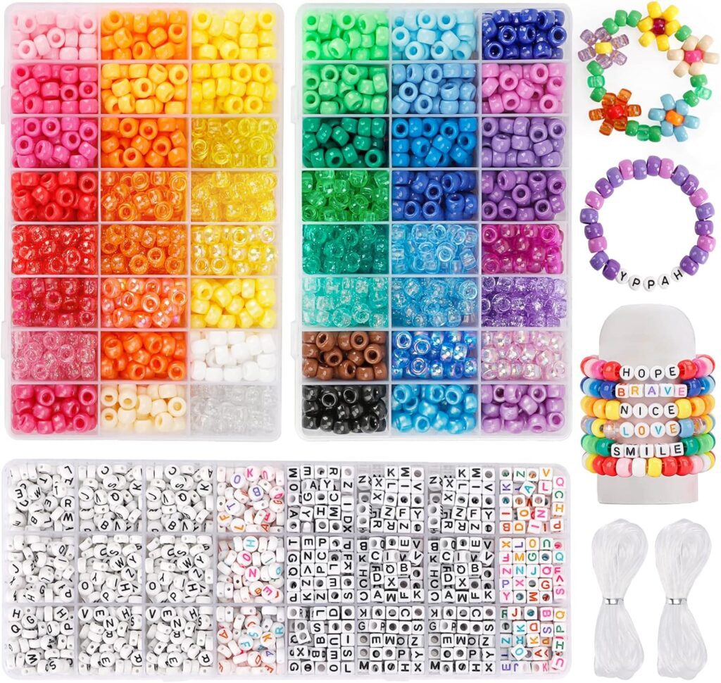 Quefe 3960pcs Pony Beads for Friendship Bracelet Making Kit 48 Colors Kandi Beads Set, 2400pcs Plastic Rainbow Bulk and 1560pcs Letter Beads with 20 Meter Elastic Threads for Craft Jewelry Necklace