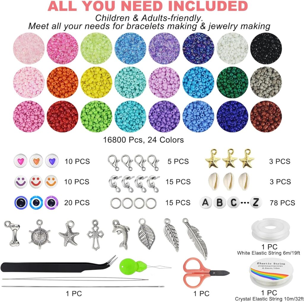 Redtwo 17000pcs 2mm Glass Seed Beads for Jewelry Making Kit, Small Beads Friendship Bracelets Making Kits, Tiny Waist Beads Kit with Letter Beads, DIY Art Craft Girls Gifts