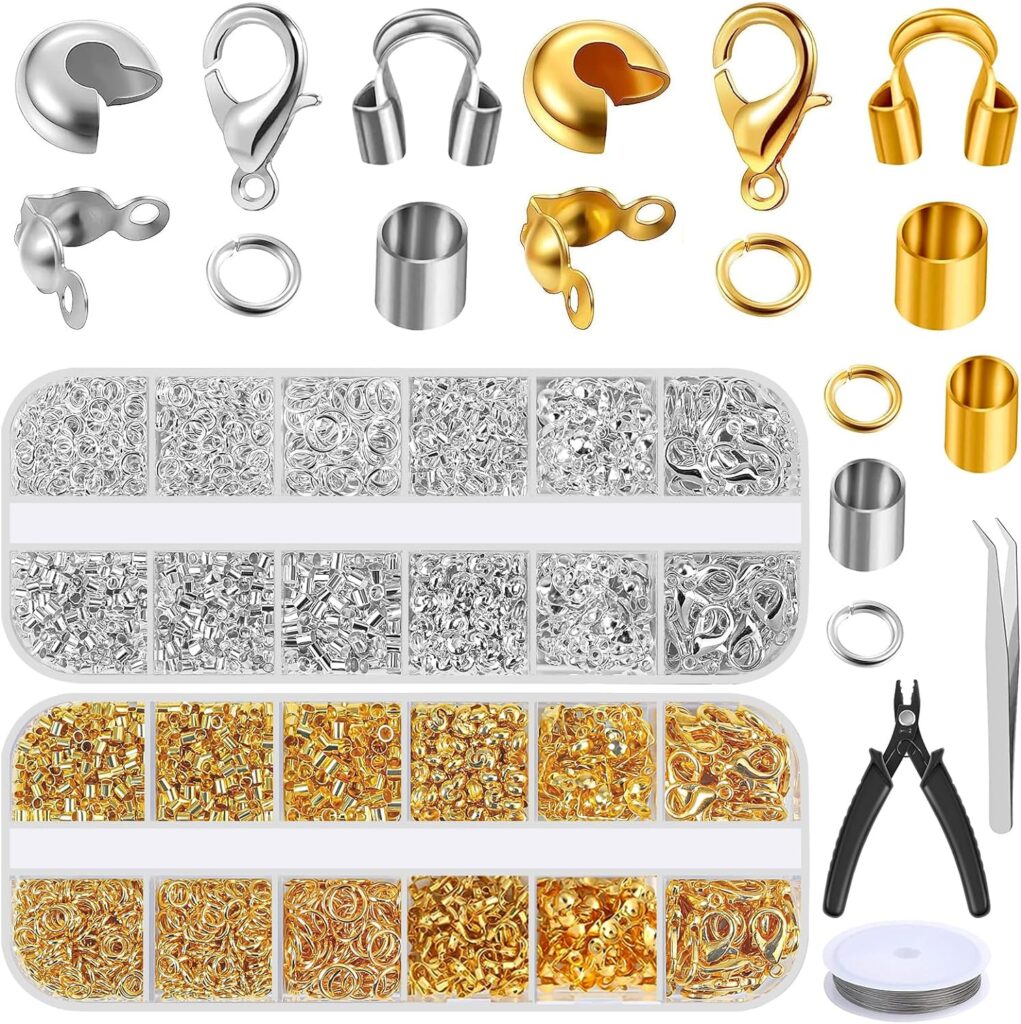 winee 2200 Pcs Crimp Beads Kit for Jewelry Making, 300 Crimp Beads Covers, 90 Knot Covers, 970 Crimp Tubes，300 Wire Guardians, 60 Lobster Clasps, 480 Jump Rings, Crimping Pliers and Beading Wire