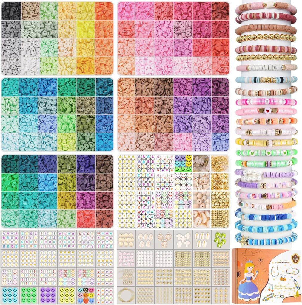 BOZUAN 25000Pcs Clay Beads for Bracelet Making Kit, 120 Colors 6 Boxes Clay Beads Kit, 6mm Heishi Beads Making Kit with Charms, Crafts Gift for Girls Ages 8-12
