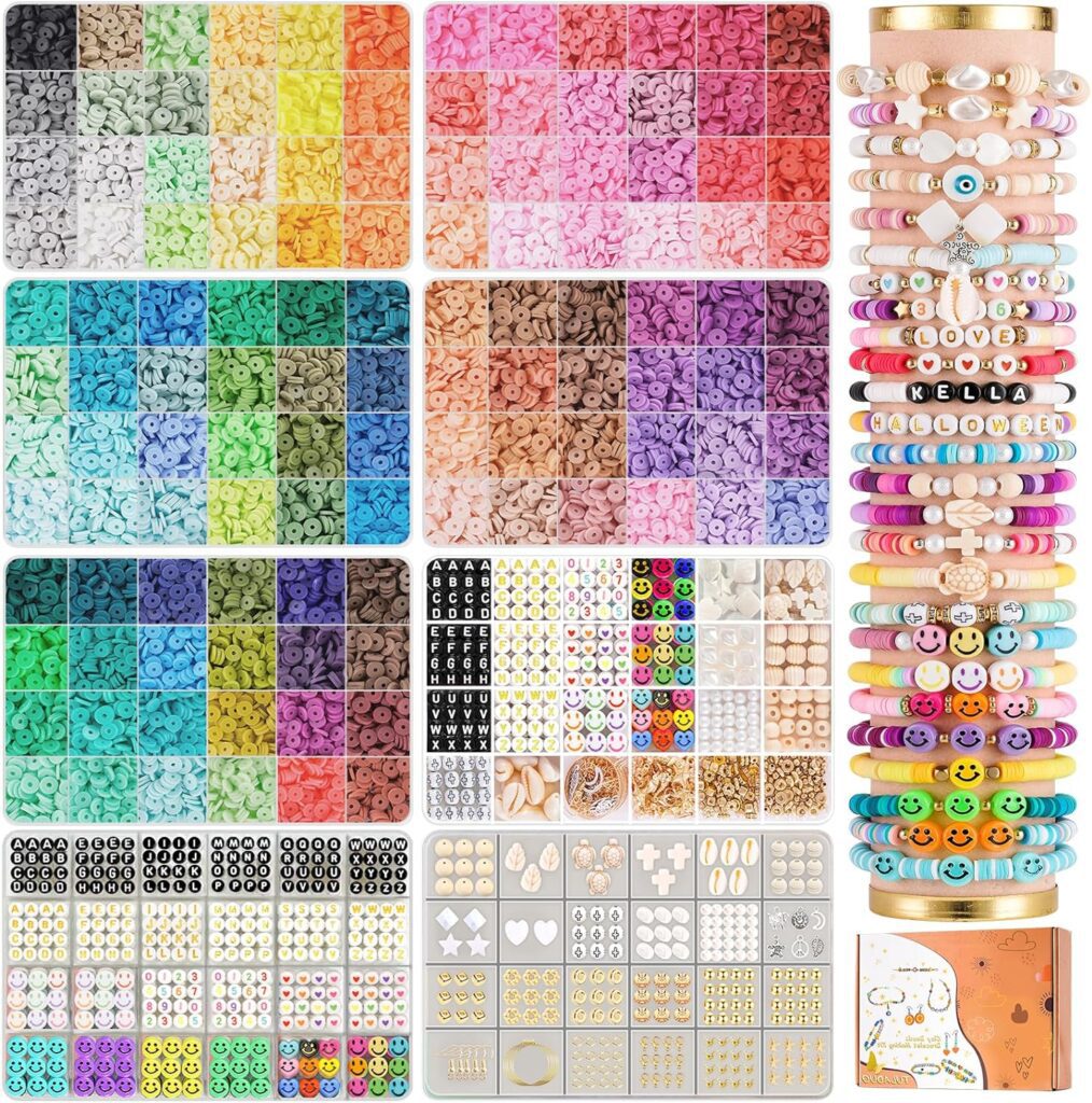 BOZUAN 25000Pcs Clay Beads for Bracelet Making Kit, 120 Colors 6 Boxes Clay Beads Kit, 6mm Heishi Beads Making Kit with Charms, Crafts Gift for Girls Ages 8-12